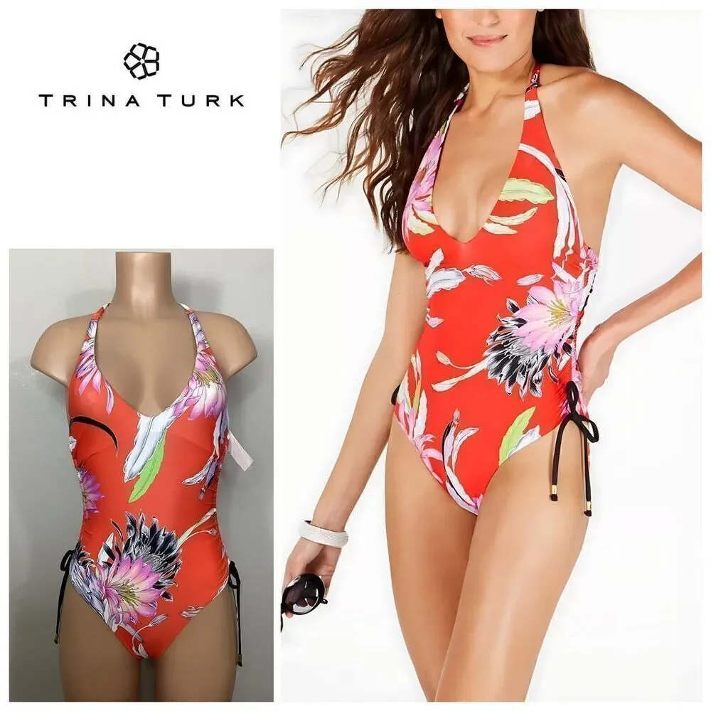 Trina Turk red floral V-neck swimsuit. Size 2. Retails $169